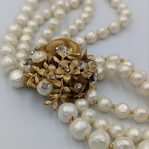 Miriam Haskell Unsigned Multi Strand Faux Pearl Ornate Gold floral & Rhinestone - Picture 2 of 13